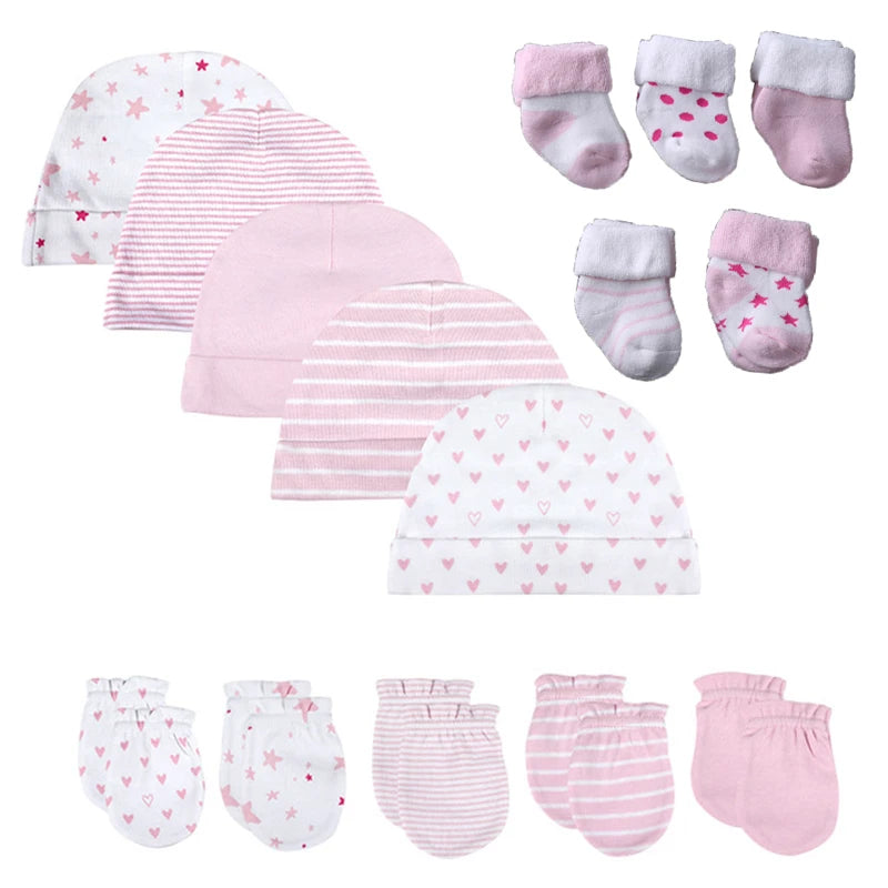 15Pieces New Born Gloves+Hats+Socks Sets Cartoon 100%Cotton Baby Boy Girl Headwear 0-12M Solid Color Infant Supplies Accessories