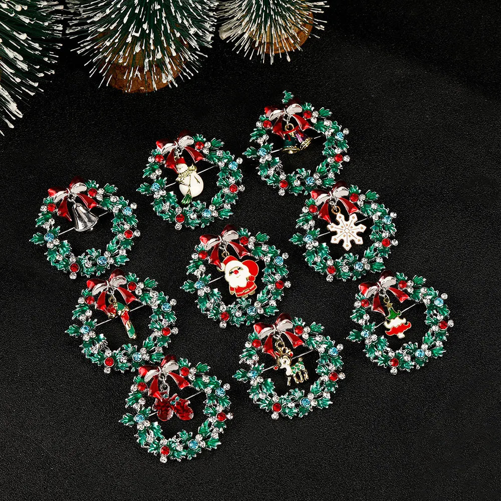 Christmas Wreath Collection Enamel Crystal Brooches With Candy Canes Bells Santa Claus Reindeer Snowman Snowflake Tree Drop