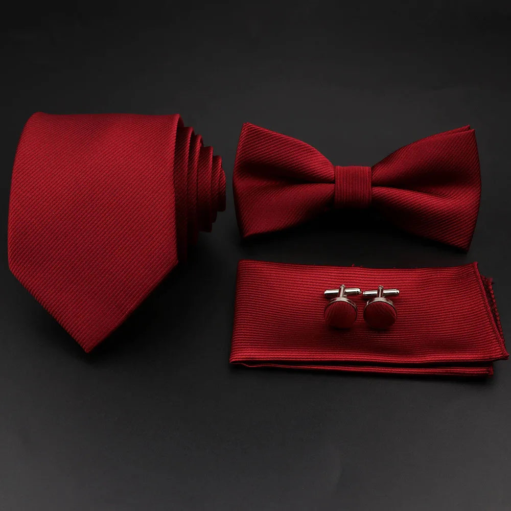 Hot Sale Red Blue Tie Set Polyester Slim Striped Necktie Bowtie Cufflink Brooch For Groom Suit Wedding Cravat Shirt Accessory
