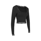 Sexy Black T-shirt Women Autumn New Lace Tees Fashion Streetwear O-Neck Casual Slim Long Sleeves T-shirt Female Versatile Top