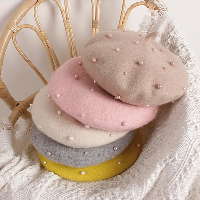 Wool Kids Winter Hat for Girls Retro Baby Beret Hats with Pearls Autumn Winter Kids Cap for Children Accessories 2-6Y
