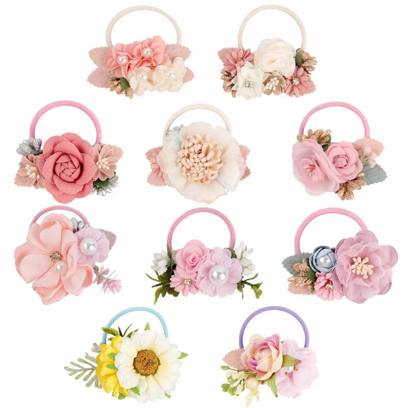 Handmade Flower Elastics Hair Ties For Kids Girls Stretchy Rubber Hairband Slim Headband Scrunchies Ponytail Holder Ring Loop