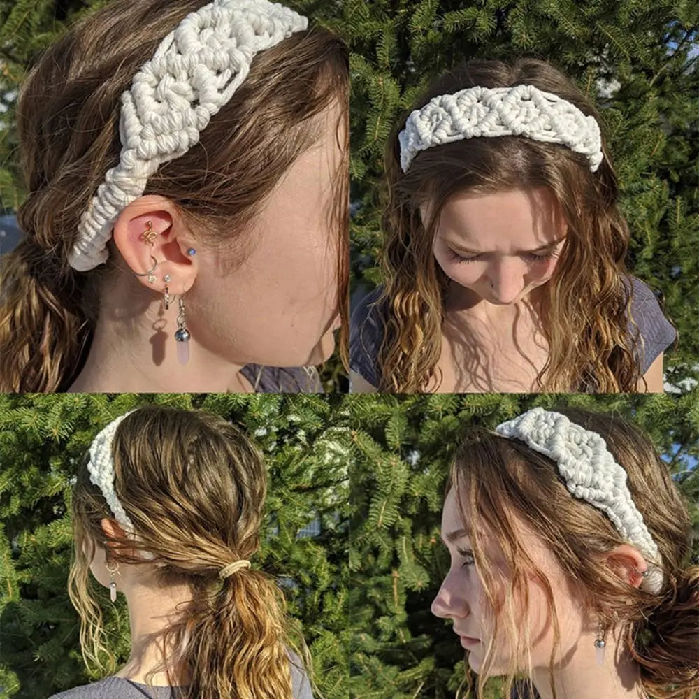 Braided Rope Headwrap Small Daisy Elastic Hair Band Turban Women Hair Scarf Crochet Bandana Macrame Hair Band Bohemian Headband
