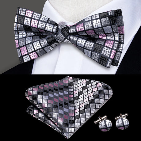 Hi-Tie Brand Silk Pre-tied Men's Bow Tie Hanky Cufflinks Set Bowtie for Male Jacquard Solid Paisley Floral Wedding Business Gift