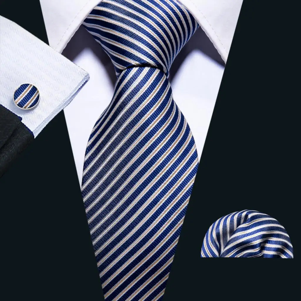 Barry.Wang Striped Silk Men Tie Hanky Cufflinks Set Jacquard Neck tie for Male Formal Casual Wedding Party Business High Quality