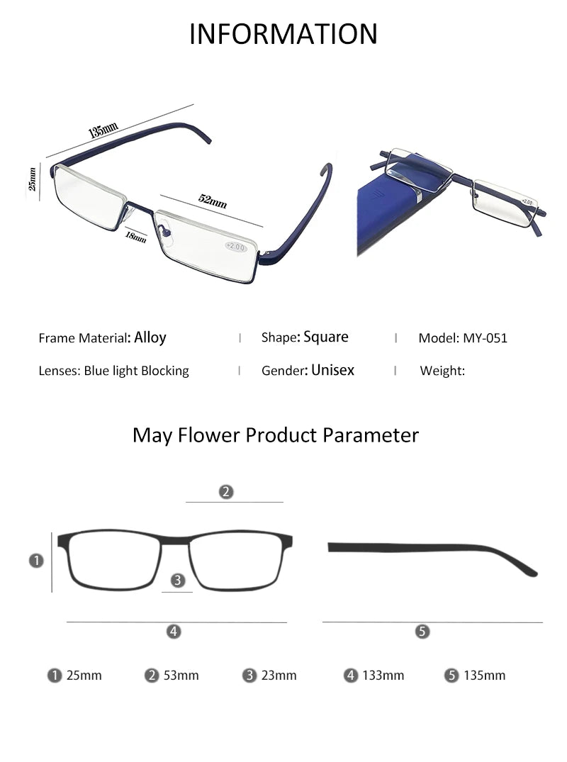Men Women Metal Blue Light Blocking Reading Glasses with Case TR90 Half Frame HD Prescription Eyewear Presbyopia Diopter