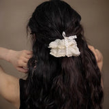 French Lace Pearl Rose Flower Elastics Hair Band For Women Cream White Scrunchies Hair Ties Ponytail Holder Hair Accessories