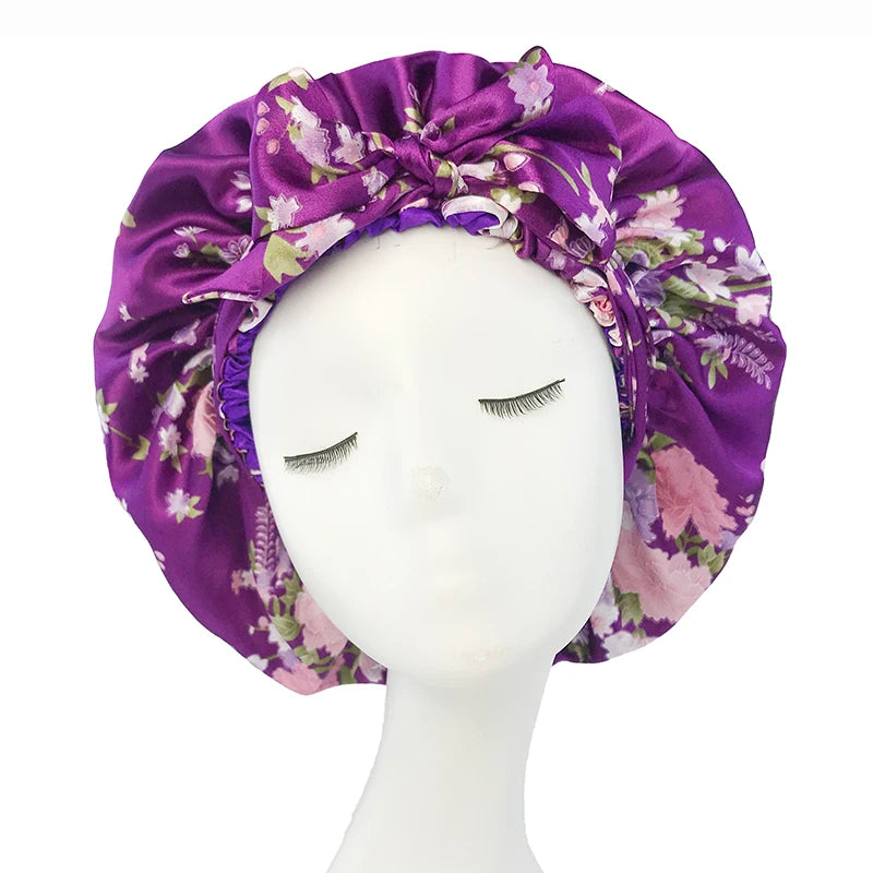 Soft Silky Print Satin Bonnet for Women Large Nightcap with Long Satin Ribbon Tie Band Bonnet Adjustable Wide Band Head Wrap Hat