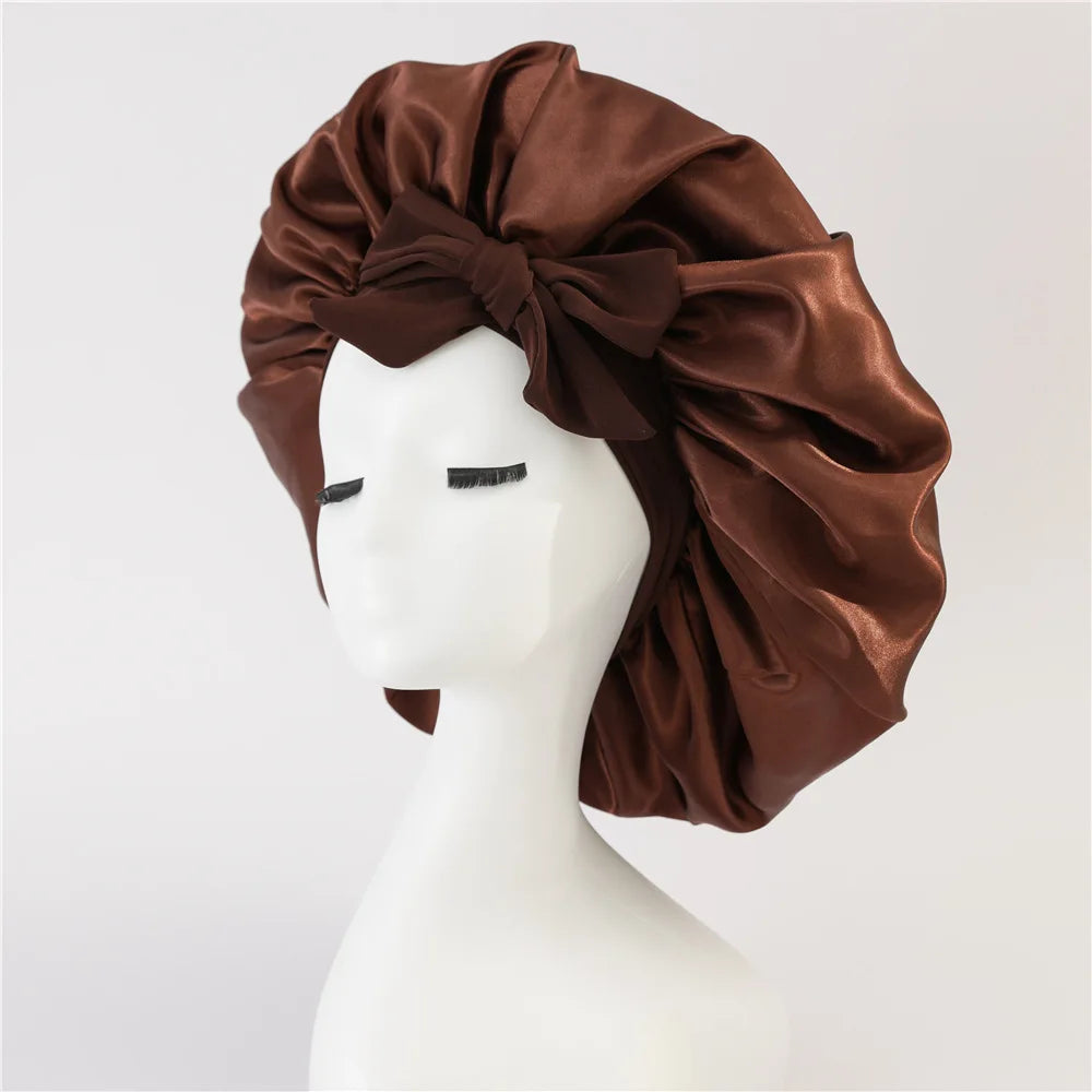 New Satin Sleeping Cap For Women Solid Wide Band Stretch Head Tie Silky Bonnet Edge Wrap Nightcap Hair Care Shower Head Cover