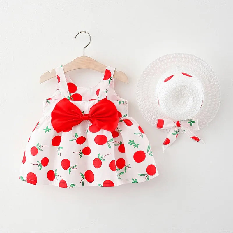 2Piece Sets Summer Toddler Girl Clothes Korean Fashion Flowers Cute Bow Sleeveless Princess Baby Dresses+Sunhat Kids Dress BC136