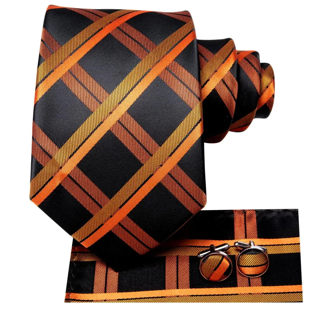 Hi-Tie Men's Tie Set Orange Black Paisley Silk Wedding Ties For Men New Fashion Design Quality Hanky Cufflinks Set Dropshipping