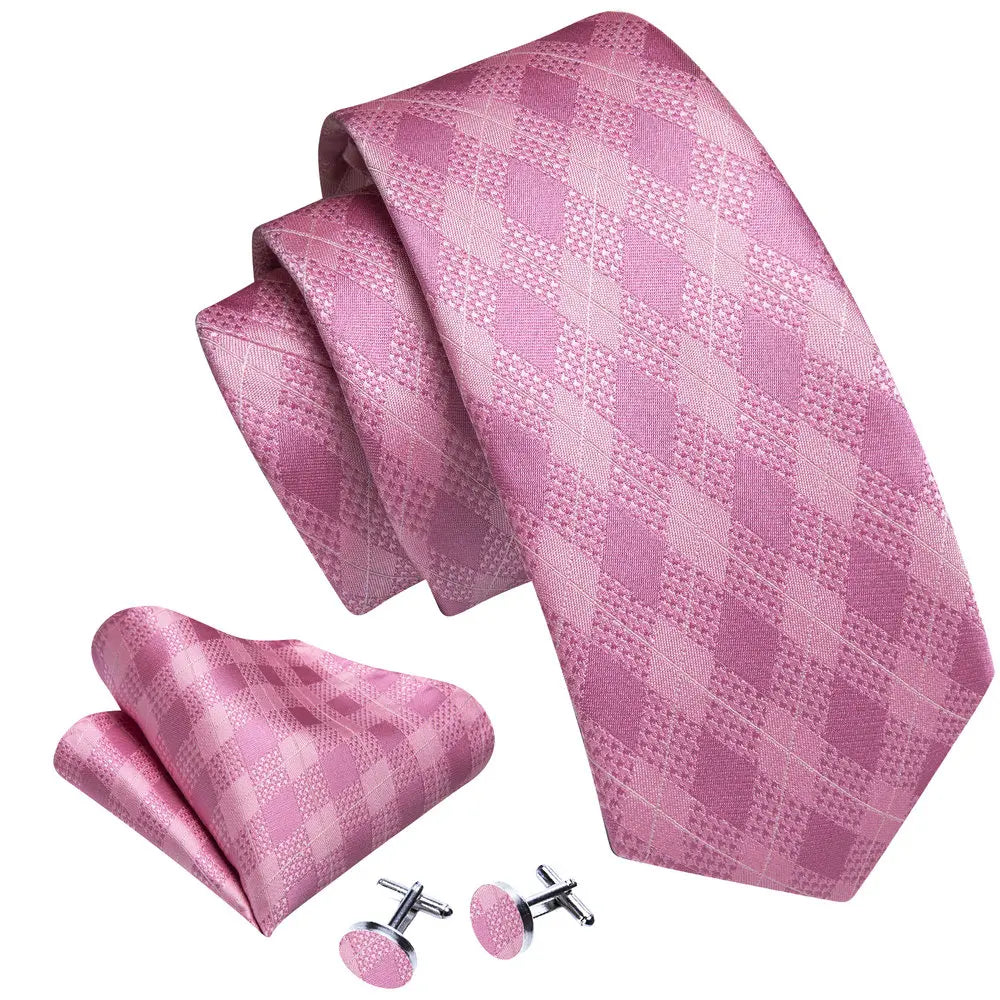 Elegant Pink Ties For Men Luxury Silk Stripe Pocket Square Cufflinks Set Fashion Male Necktie Groom Wedding Gift Barry.Wang 5090