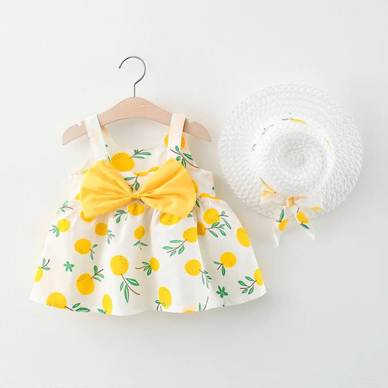 2Piece Sets Summer Toddler Girl Clothes Korean Fashion Flowers Cute Bow Sleeveless Princess Baby Dresses+Sunhat Kids Dress BC136