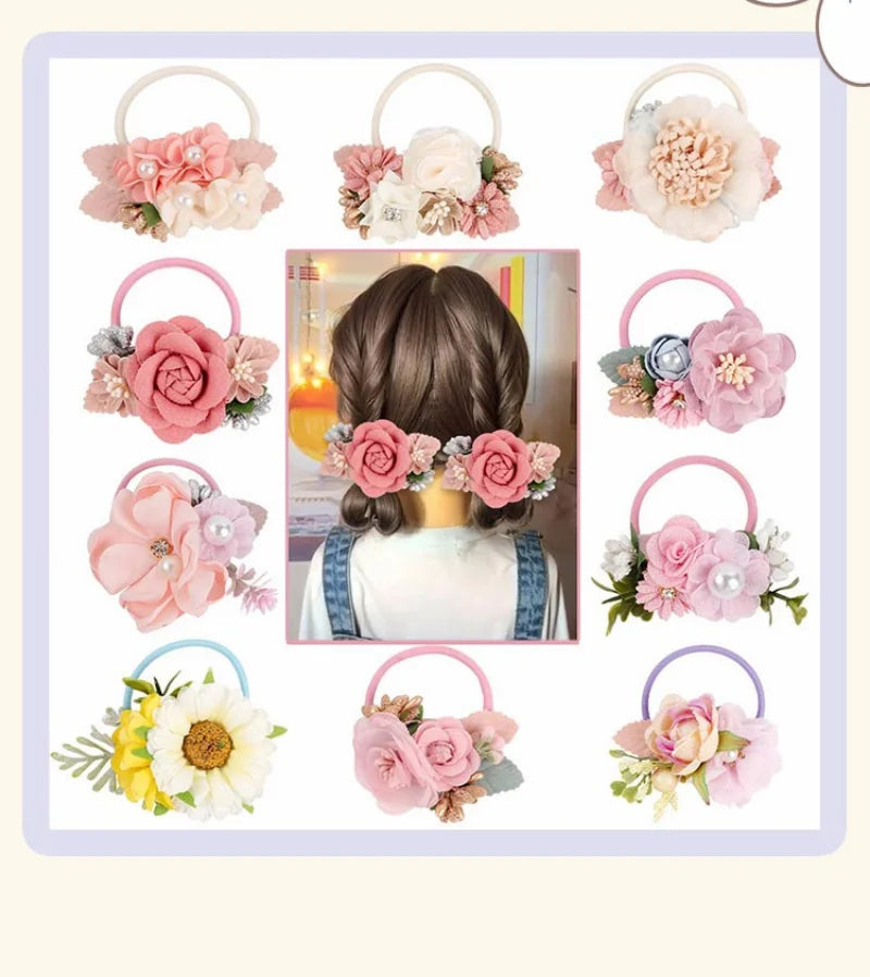 Handmade Flower Elastics Hair Ties For Kids Girls Stretchy Rubber Hairband Slim Headband Scrunchies Ponytail Holder Ring Loop