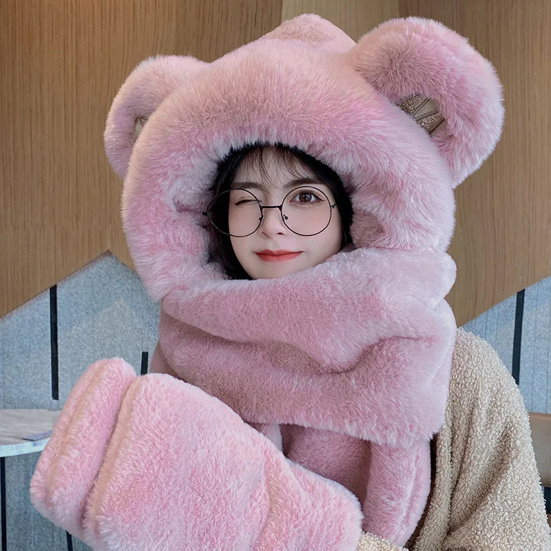 2023 New Fashion Scarf Hat Glove Women Cute Big Ear Bunny Beanie Winter Warm Soft Thickening Pocket Warm Ear Hats Hooded Skullie