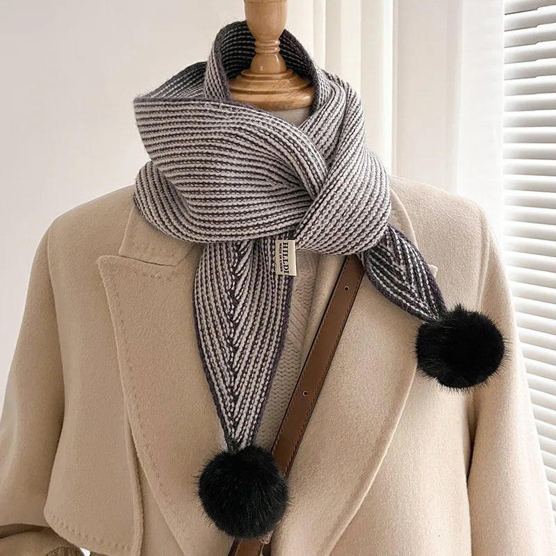 Ladies Fashion Solid Colour Narrow Sharp Corners Stripe Neckerchief Knitted Winter Warm Long Scarf With Pompom