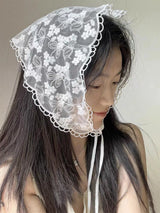 1 Pcs 1950s Retro Lace Scarf Triangle Neck Scarf Embroidered Lace Wrap Hair Wrap,Floral Crochet Hair Bandanas for Women Girls