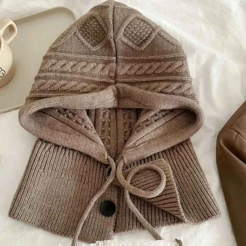 New Knitted Balaclava Hats For Women Hooded Caps Outdoor Winter Warmer Drawstring Hat One-Piece Neck Collar Cycling Beanies Caps
