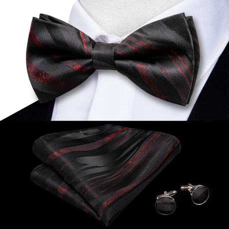 Hi-Tie Black White Silver Grey Brown Silk Mens Bow Tie Hankerchief Cufflinks Set Pre-tied Butterfly Knot Adjustable Bowtie Male