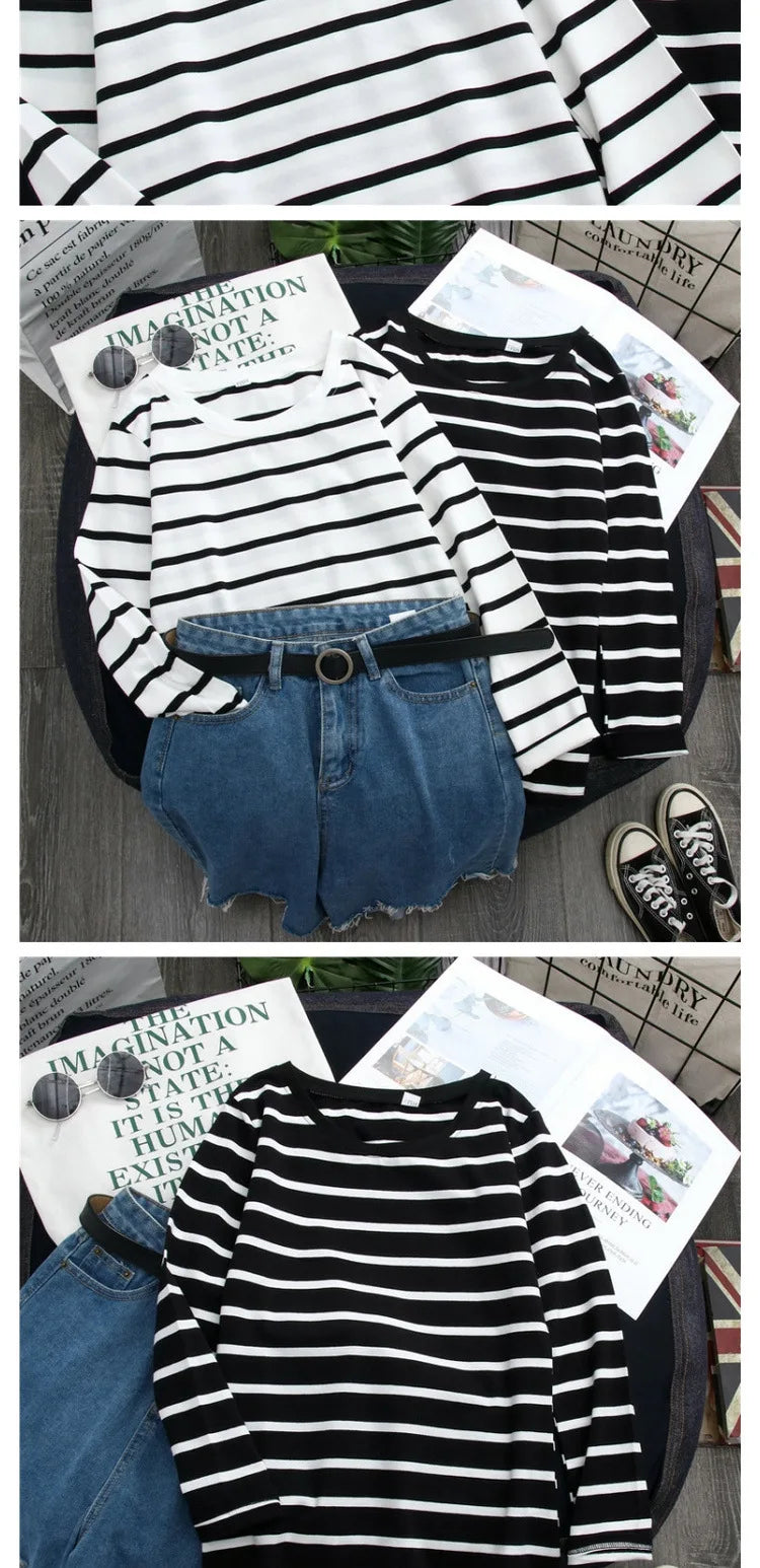 1PC Spring and Autumn Winter Black Striped Top with Foreign Style Ins Bottom Shirt Women Long Sleeve T-shirt