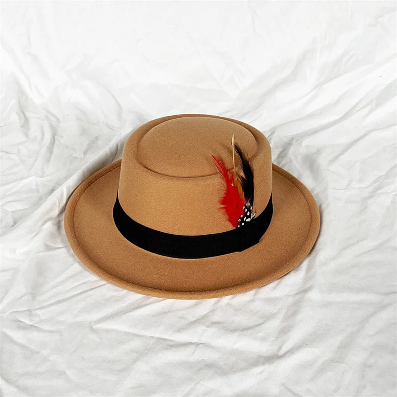 convex top classic fedora hat small flat top pearl feather men's felt hat polk pie coffee top hat gorras para hombres