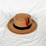 convex top classic fedora hat small flat top pearl feather men's felt hat polk pie coffee top hat gorras para hombres