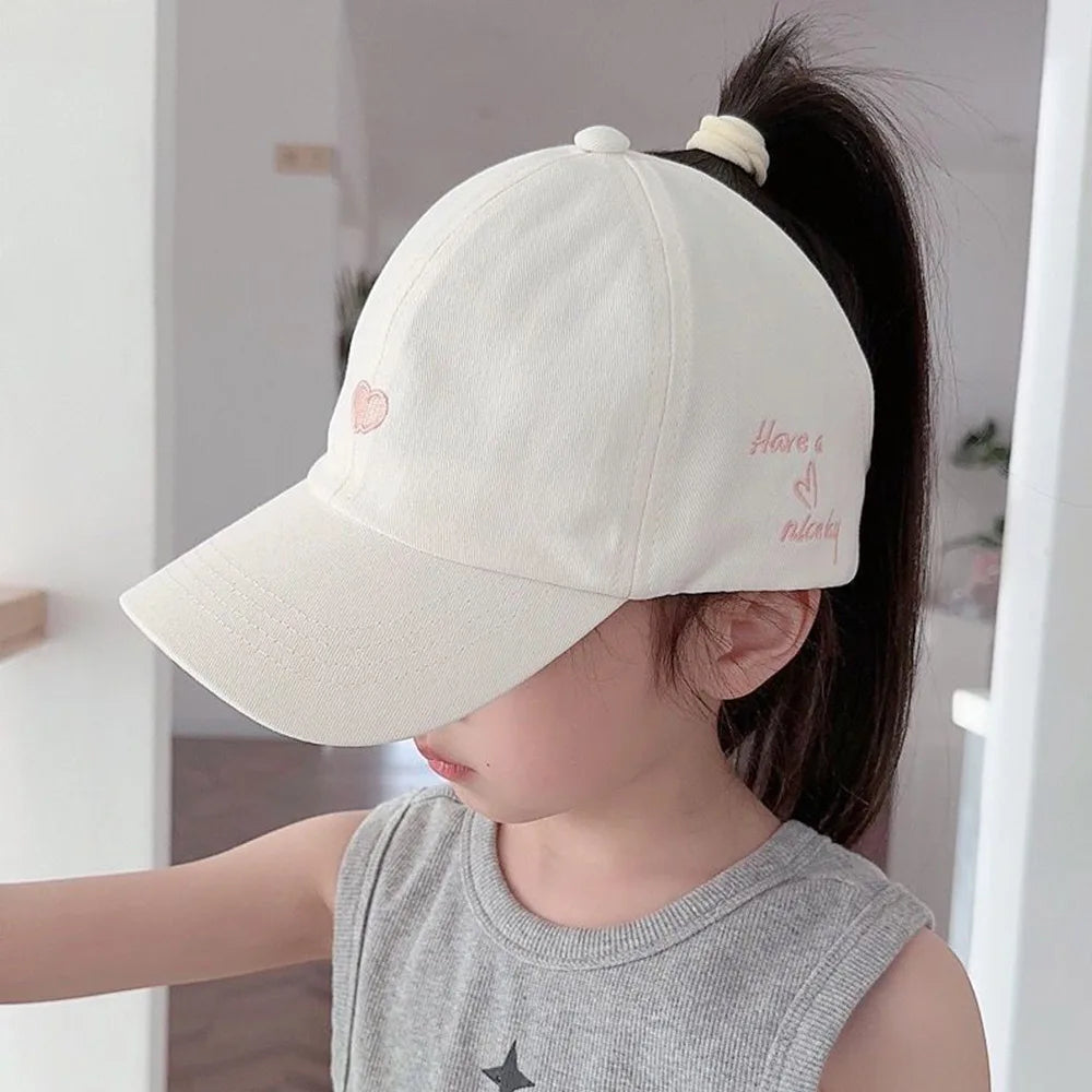 Love Heart Kids Baseball Caps Adjustable Large Brim Sun Hat Solid Color Hollow High Ponytail Caps for Boys Girls