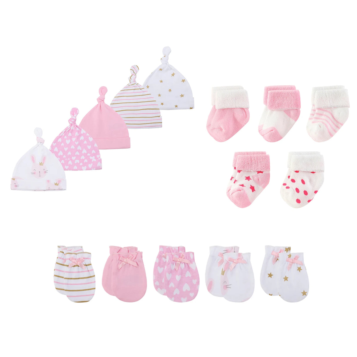 15Pieces New Born Gloves+Hats+Socks Sets Cartoon 100%Cotton Baby Boy Girl Headwear 0-12M Solid Color Infant Supplies Accessories