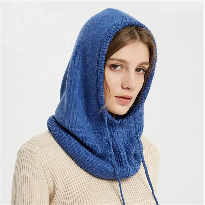 Winter Womens Hats Unisex Knitted Hooded Neck Collar Cap Beanie For Men & Women Drawstring One-Piece Hats Warmer Balaclava Cap