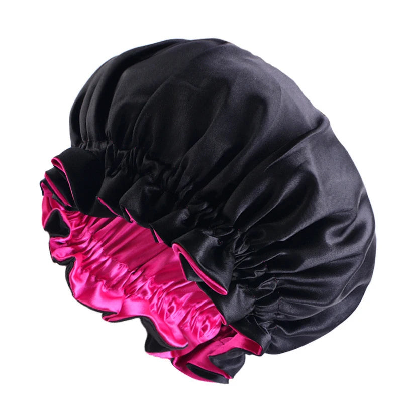 New Solid Elastic Double Layer Satin Bonnet Nightcap Women Night Sleep Hair Protection Hat Reversible Sleeping Hat Hair Care New