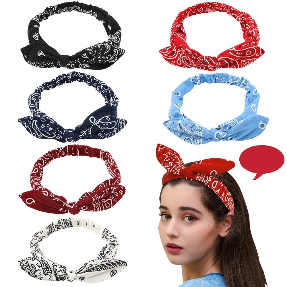 New Fashion Printing Rabbit Ear Knotted Elastic Hair Band Wide Girl Woman Hair Band Headband Hair Accessories Headdress