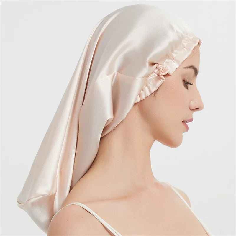 Luxury Comfortable Solid100% Real Silk Long Nightcap Hair Care Perm Beauty Sleeping Hat