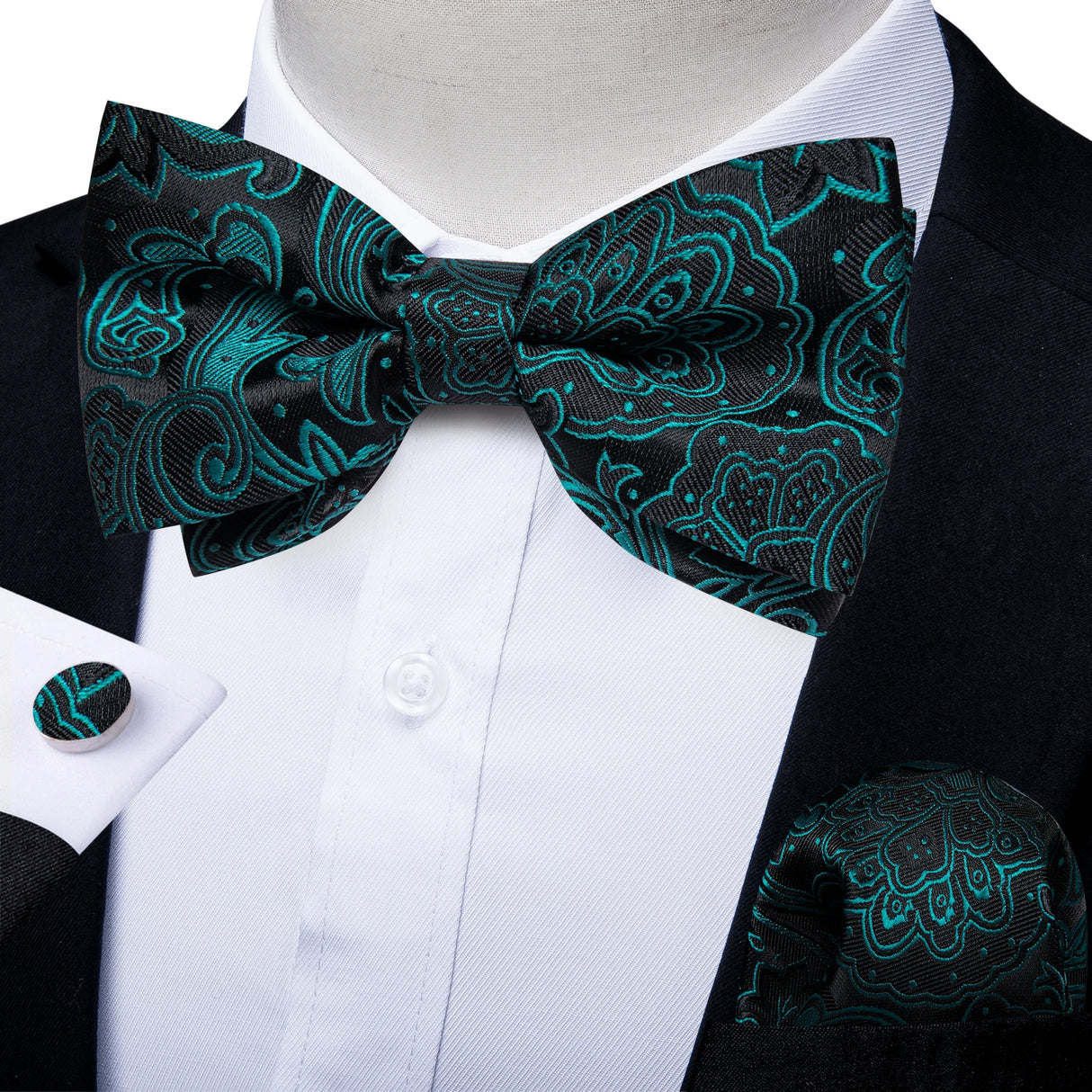 Classic Black Men Bow Ties 100% Silk Bowties Butterfly Pocket Square Cufflinks Set Suit Paisley Gold Pre-Tied Bow Tie DiBanGu