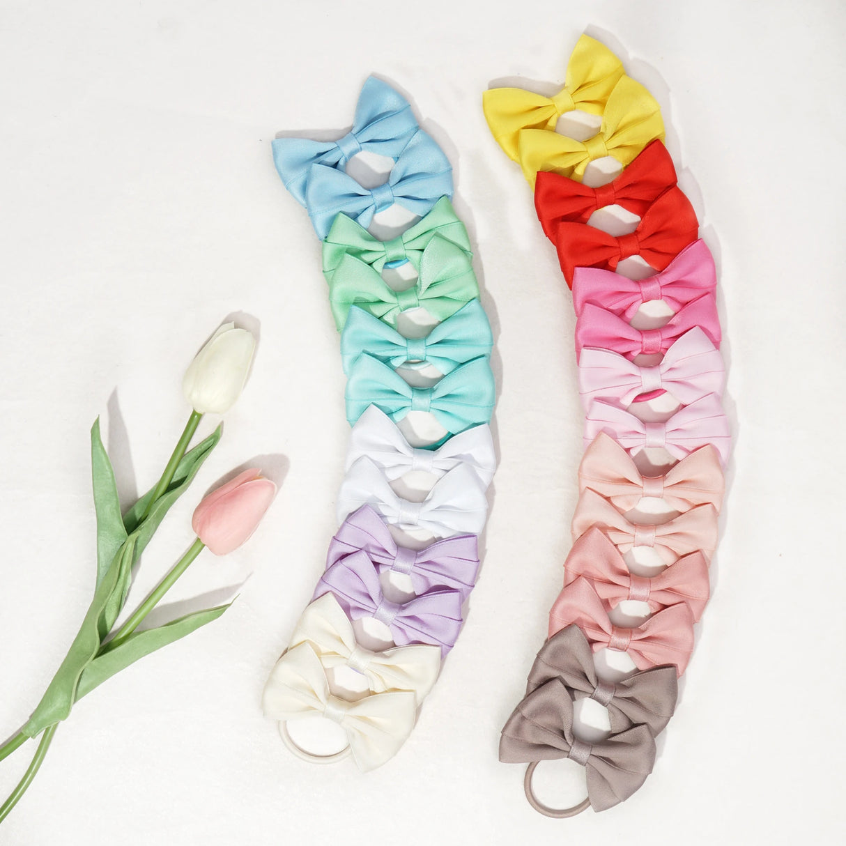 12Pcs Hair Bow Bobbles for Girls Hair Ties Pontial Bows Hair Bands with Cotton Blend Bows 3.5Inches, Hair Elastics for Girls