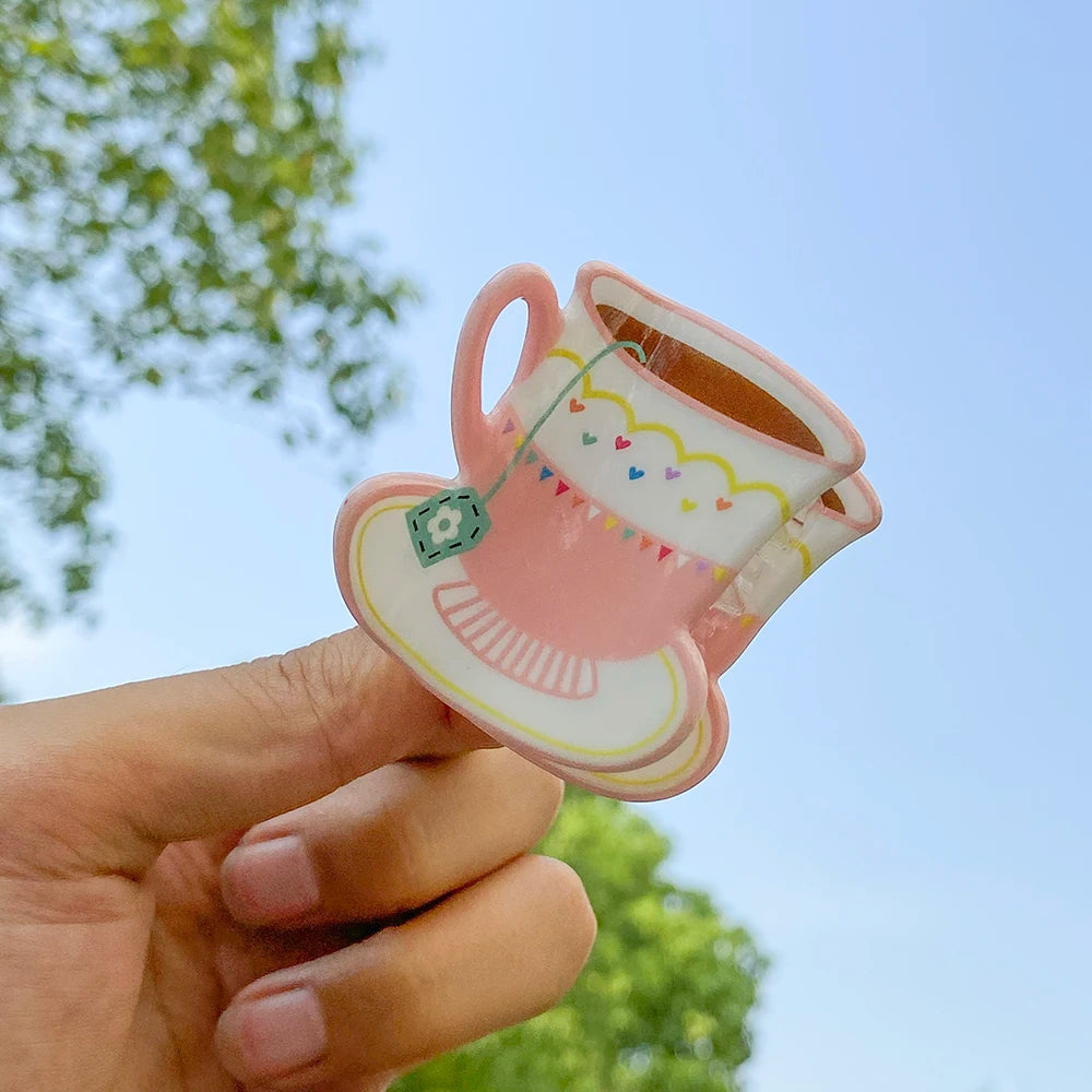Sweet Cute Plastic Pastoral Flower Print Cup Shark Hairpin For Women Girls New Cute Vase Shape Hair Clip Claw Accessories