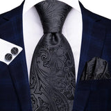 Hi-Tie Black Floral Silk Wedding Tie For Men Handky Cufflink Gift Necktie For Men Fashion Design Business Party Dropshiping