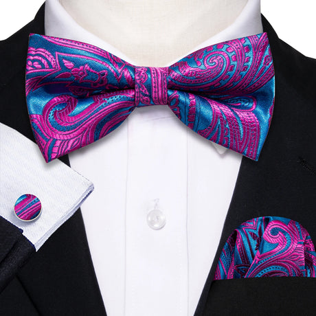 Barry.Wang Silk Mens Bow Tie White Green Pink Purple Jacquard Paisley Floral Pre-Tied Bowtie Hanky Cuffs Set Wedding Business