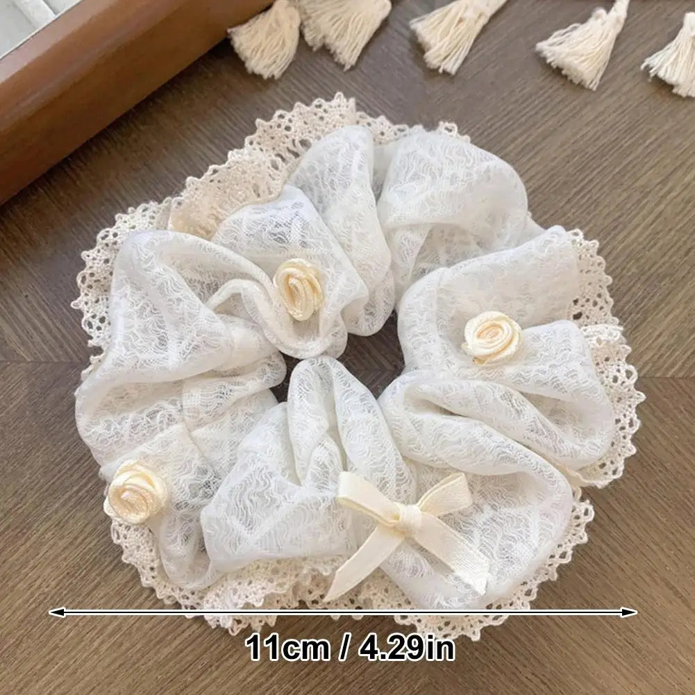 French Lace Pearl Rose Flower Elastics Hair Band For Women Cream White Scrunchies Hair Ties Ponytail Holder Hair Accessories
