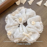 French Lace Pearl Rose Flower Elastics Hair Band For Women Cream White Scrunchies Hair Ties Ponytail Holder Hair Accessories