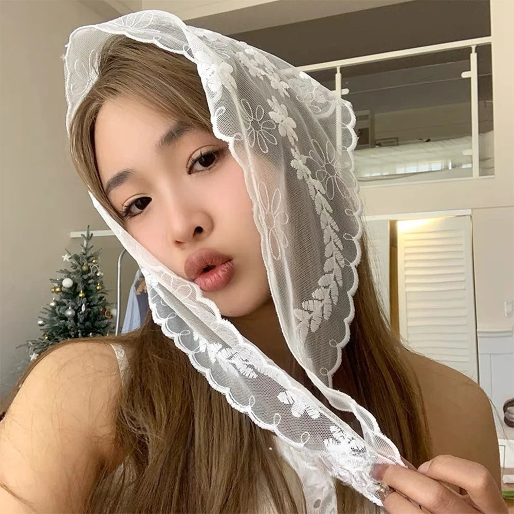 White Lace Bandana Floral Summer Woven Headbands Hair Band Women Outgoing Travel Retro Hair Accessories Headwear Turban Scarf