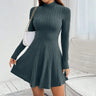 Mia Muse Women's Dresses Fall Winter Simple Solid Color Long Sleeve Mock Neck A Line High Waisted Flare Hem Casual Short Dresses