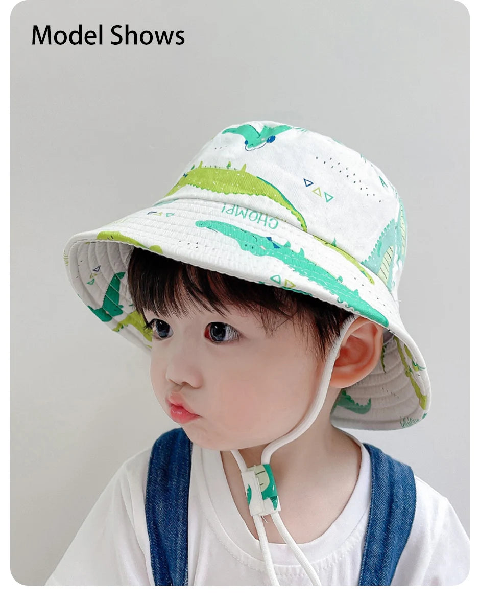 Cartoon Printing Baby Bucket Hat Cotton Breathable Kids Fisherman Hat Infant Toddle Sun Hat With Drawstring