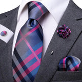 Mens Necktie Luxury 8.5cm Wide Blue Purple Plaid Silk Wedding Tie Pocket Square Cufflink Set Brooch Gift For Men Hi-Tie Designer