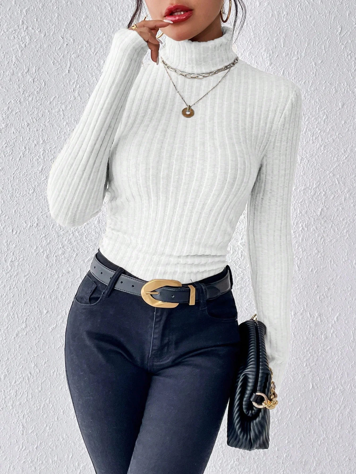 Autumn and Winter Sexy Texture Pit Stripe Slim Knit Long Sleeve Women's t-shirt New High Neck Women's Tops Casual Women's Tops