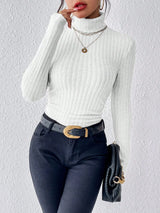 Autumn and Winter Sexy Texture Pit Stripe Slim Knit Long Sleeve Women's t-shirt New High Neck Women's Tops Casual Women's Tops