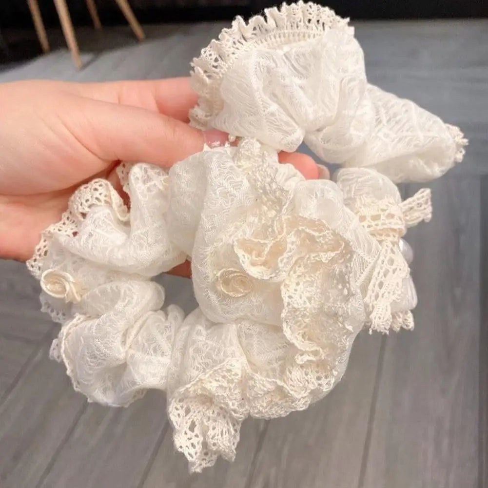 French Lace Pearl Rose Flower Elastics Hair Band For Women Cream White Scrunchies Hair Ties Ponytail Holder Hair Accessories