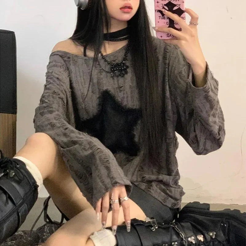 Y2K Hole Star Print T-Shirt Women Fashion Streetwear Off Shoulder Tops Summer Oversized Kpop Long Sleeve Loose Tees Ladies New