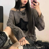 Y2K Hole Star Print T-Shirt Women Fashion Streetwear Off Shoulder Tops Summer Oversized Kpop Long Sleeve Loose Tees Ladies New