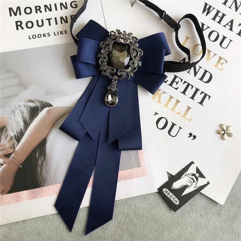 Rhinestone Bow Tie Women's Graduation Photo Student School Uniform Tie Ribbon Sweet Literary and Art Plaid Bowtie Collar Flower