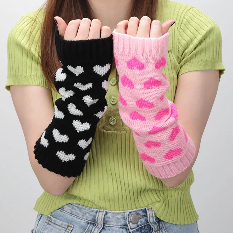 1 Pair Women Gloves Japanese Kawaii Lolita Arm Sleeve Girl Arm Crochet Knitting Gothic Heart Warm Fingerless Warmer Winter Glove